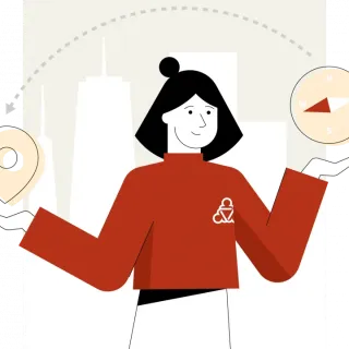 Eine Figur der Sozialplattform jongliert mit Navigations-Symbolen. 