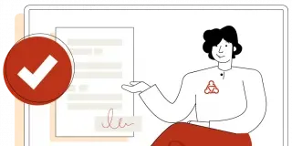 Illustration des Wegweisers. Sie sitzt auf dem Rand eines großen Monitors. Ihre rechte Hand ruht auf einem Dokument, das den Antrag darstellt. Darüber schwebt ein weißer Haken auf rotem Grund [Extra]